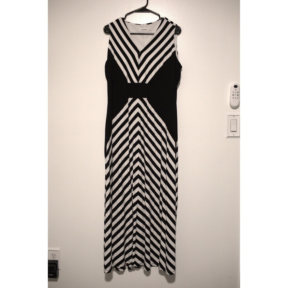 Calvin Klein Womens Black White Chevron Stripe V-Neck Sleeveless Maxi Dress 16W